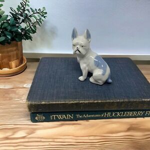 Vintage French Bulldog Porcelain Figurine Made in Japan White Blue Accents